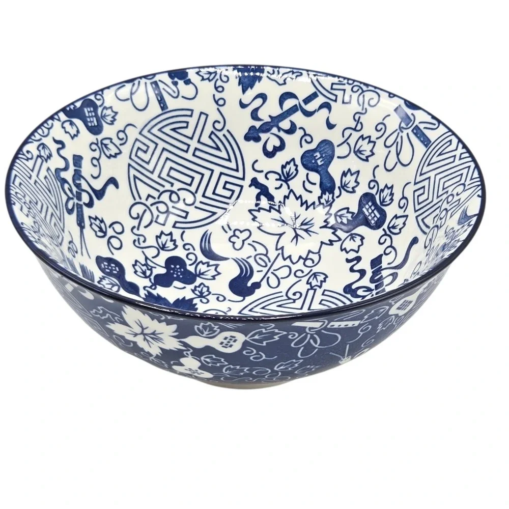 SH Home 42oz Blue Ceramic Ramen Noodle Soup Bowl Chopsticks Spoon Chinese Motifs